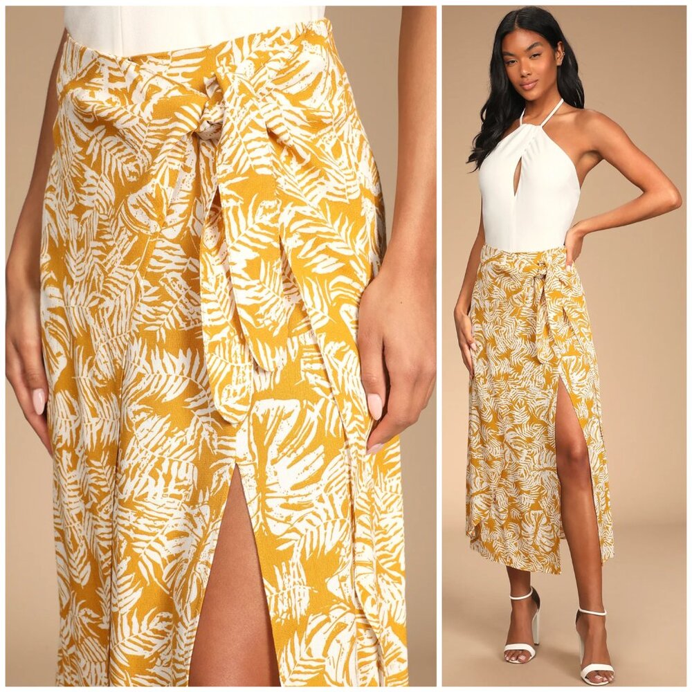 NWT Lulus Ocean Breezes Mustard Yellow Tropical Print Faux-Wrap Midi Skirt sz L